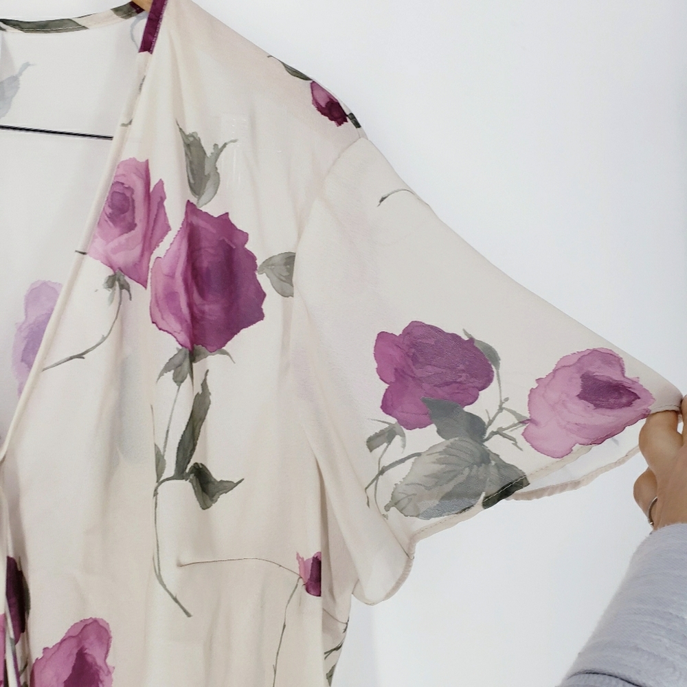 90s Vintage Floral Tie Front Flutter Sleeve Cardi Boho Cottage Floral Flowy 16P - Picture 7 of 7